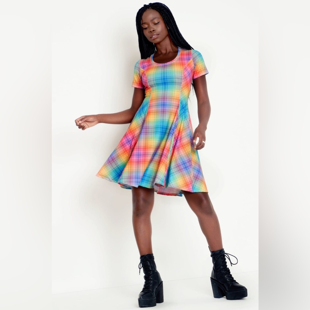 BlackMilk Clothing TARTAN RAINBOW SCOOP LONGLINE EVIL TEE DRESS - LIMITED